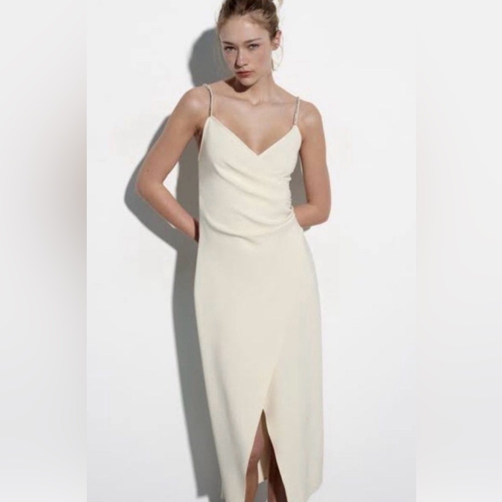 NWT Zara Cream Colored Draped Dress With Rhinestone Spaghetti Straps Size XS